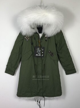 潮牌定制手工钉珠派克服女白色狐狸毛真毛大毛领可拆连帽休闲皮草