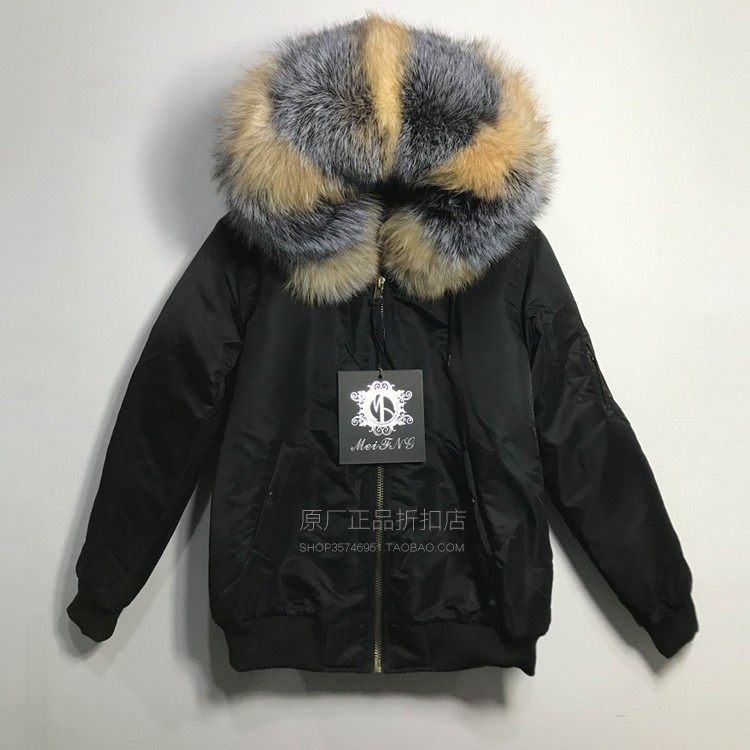 潮牌冬新品大码男士棉服黑色短款渐变银狐大毛领飞行服加厚棒球服