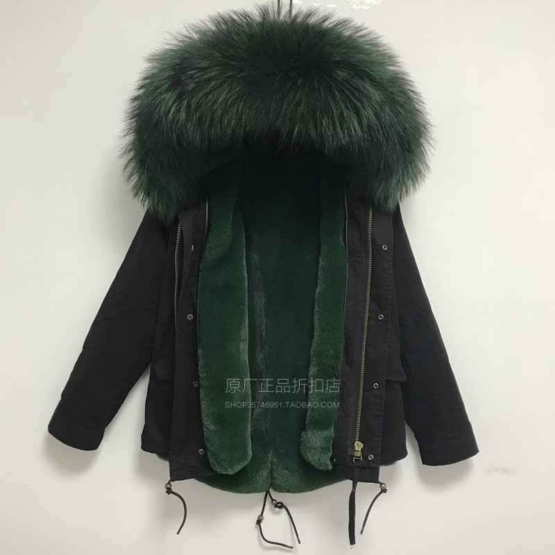 潮牌新品墨绿色貉子毛显瘦棉服