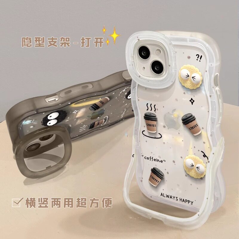 饼干咖啡公仔适用苹果15PRO手机壳14透明防摔16隐形双支架13/12女