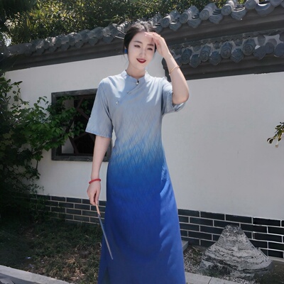 新款夏季女装绵绸新中式气质显瘦女款改良国风长款时尚开衩旗袍