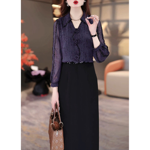 春秋款长袖高档连衣裙女2026春装新款流行妈妈显瘦气质假两件裙子