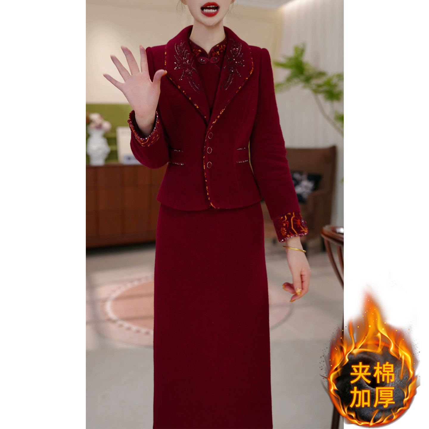 夹棉加厚两件套连衣裙女2025秋冬新款高端精致妈妈婚宴礼服套装裙,女装/女士精品,连衣裙,淘宝优惠券,粉丝福利购,淘宝优惠卷