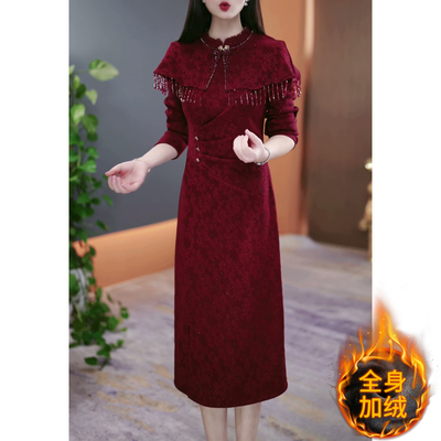 高端长袖加绒加厚连衣裙女