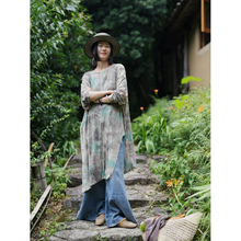 几见 原创设计春夏长绒棉衬衣女透气长T印花套头衫复古T恤W51303