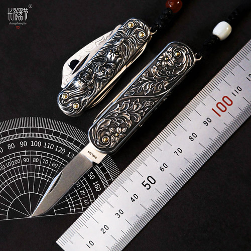 长衫器节925银雕刻改装版瑞士军刀瑞粉大马士革纯金镶嵌收藏刀EDC