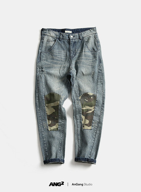 ANG2 欧美潮流新款男式复古做旧轻哈伦微宽松迷彩拼接磨破牛仔裤