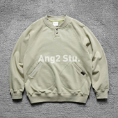Ang2 日系复古男微宽松纯棉毛圈套头卫衣 斜插袋 Stu 按扣半开襟