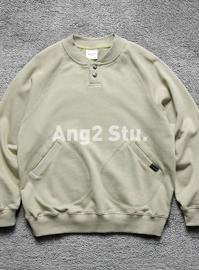 Ang2 Stu 按扣半开襟 斜插袋 日系复古男微宽松纯棉毛圈套头卫衣