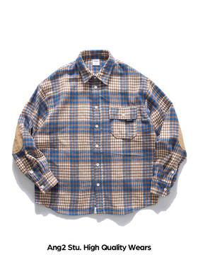 Ang2 Stu 别致配色 春秋款日系复古男式磨毛宽松百搭格子休闲衬衫