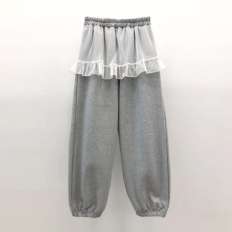 春季新品廓形蕾丝屁帘收口卫裤女宽松显瘦百搭休闲裤浅灰色假两件