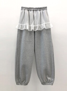 春季新品廓形蕾丝屁帘收口卫裤女宽松显瘦百搭休闲裤浅灰色假两件