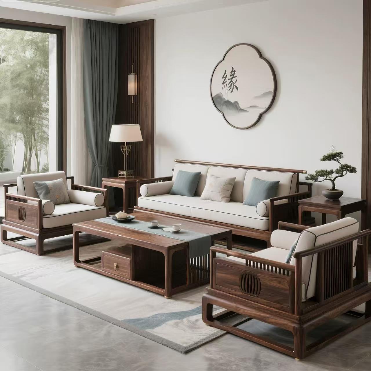 新中式黑胡桃木沙发客厅会客复古沙发套装茶桌宋式美学高端家具