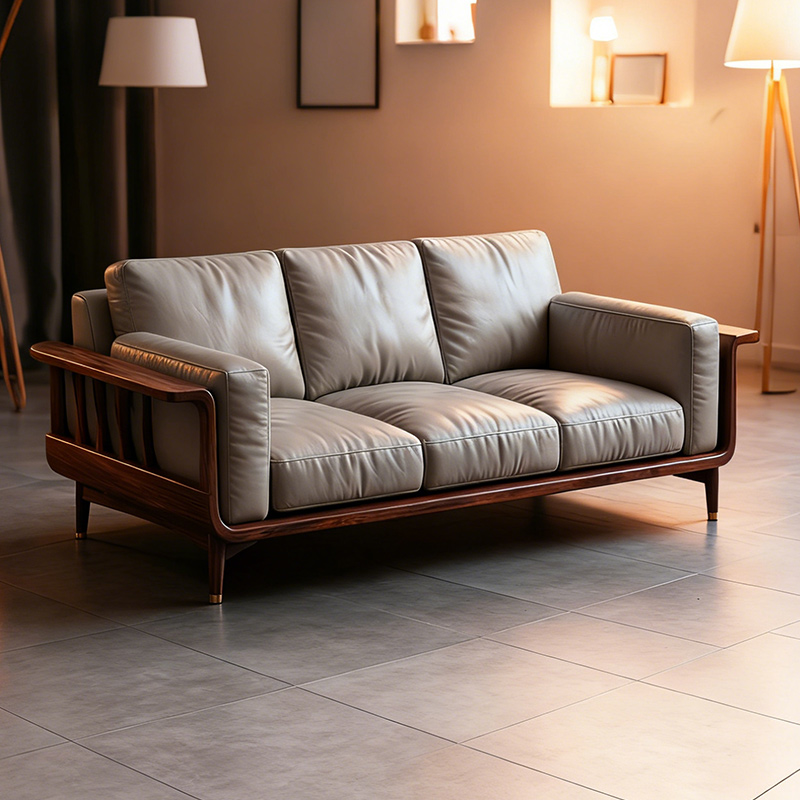 宋代美学全实木沙发新中式客厅小户型黑胡桃木三人位直排真皮沙发