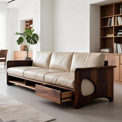 新中式实木客厅沙发2025新款高端黑胡桃木仿古简约直排真皮沙发