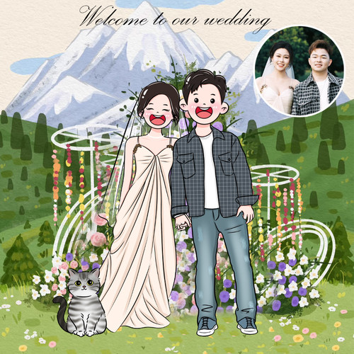 婚礼手绘迎宾牌卡通人形立牌