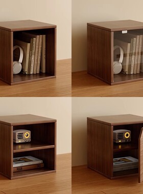 桌面小柜子储物柜胡桃木色自由组合格子柜桌上收纳书架带柜门书柜