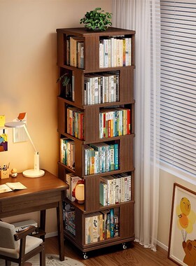 实木旋转书架儿童绘本架360度收纳柜落地家用书桌边柜靠墙展示柜