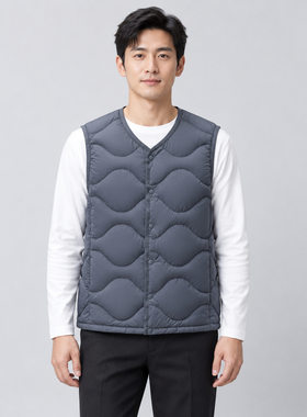 男式绒新国标纯色新款男装圆领V领马甲羽绒服背心外套