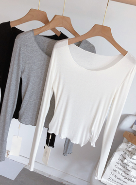 纯欲风性感薄款纯色木耳边长袖大圆领T恤女修身秋装内搭上衣打底
