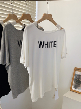 纯欲风性感露单肩字母印花短袖T恤女宽松韩版休闲垂感柔软瑜伽服