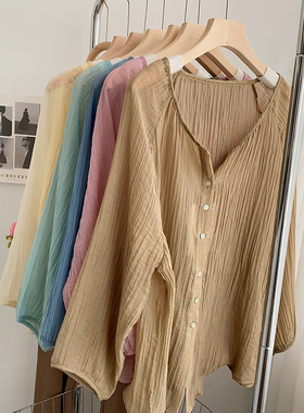 纯色圆领纽扣长袖衬衫女宽松大码夏装薄款褶皱防晒衣空调衫慵懒风