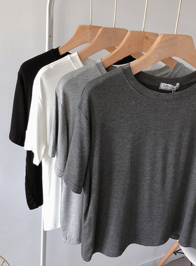短款纯色罩衫女宽松韩版夏装薄款短袖T恤打底衫垂感柔软半袖上衣