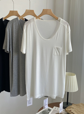 高品质大圆U领T恤女慵懒风薄款垂感纯色显瘦百搭中长款上衣女短袖