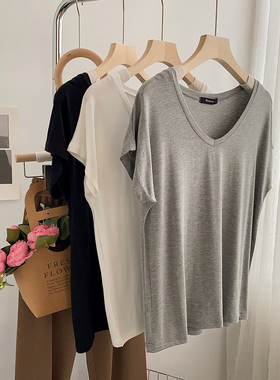 纯欲风柔软垂感短袖V领T恤女宽松夏装显瘦莫代尔打底衫舞蹈瑜伽服