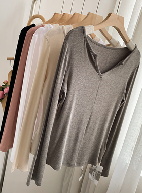 纯欲风纯色性感V领柔软垂感长袖T恤女宽松秋装防晒衣美雅碧打底衫