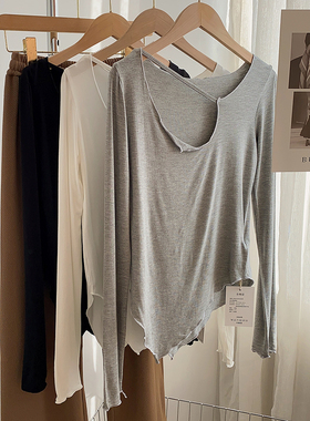 纯欲风垂感短款莫代尔长袖T恤女性感不规则上衣修身舞蹈瑜伽服春