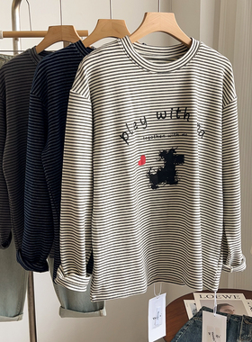 加厚磨毛韩系慵懒风条纹长袖T恤女秋冬新款宽松休闲时尚上衣潮