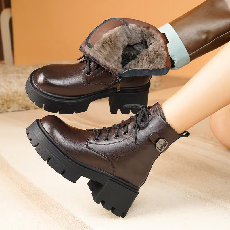 增高马丁靴女款冬季女鞋加绒加厚大棉鞋真皮羊毛棉靴子厚底雪地靴