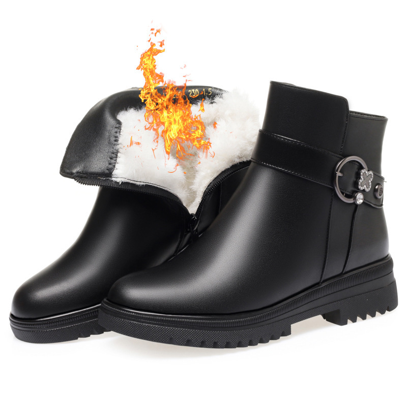 冬天穿的女棉鞋 真皮羊毛鞋皮毛一体女靴粗跟厚底防滑大码鞋41-43