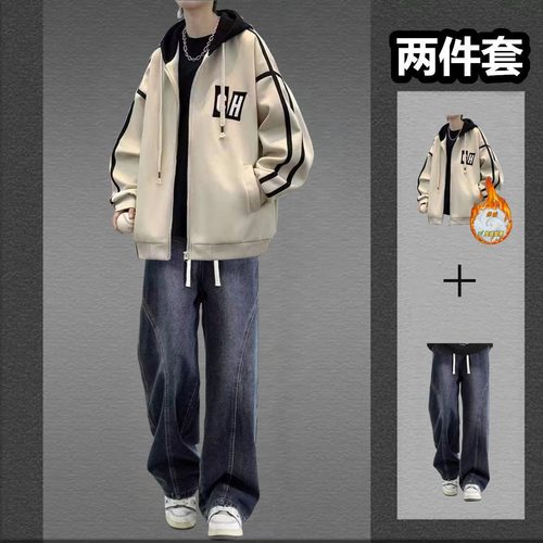 棒球服夹克套装男秋冬款一整套外套配牛仔裤男装学生高级两件套潮