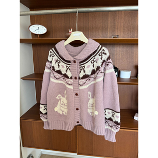 【卷卷家】复古费尔岛提花兔子毛衣外套