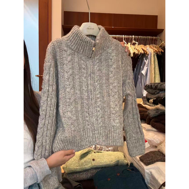 复古学院风高领毛衣女 秋冬加厚宽松粗线针织衫