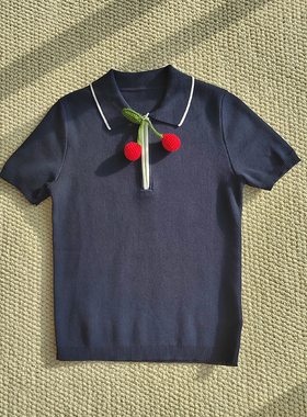 C5罗马高定25夏纯手工钩花立体樱桃polo领深蓝色定织棉短袖上衣