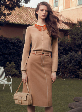 C525夏新款度假风意大利高定定织弹力棉立体修身剪裁过膝中长半裙