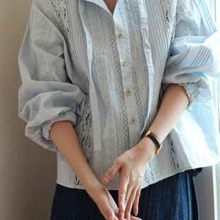 btbstudio 水洗印度棉空花绣玉刺绣工艺蕾丝钩花俏皮系带领棉衬衫
