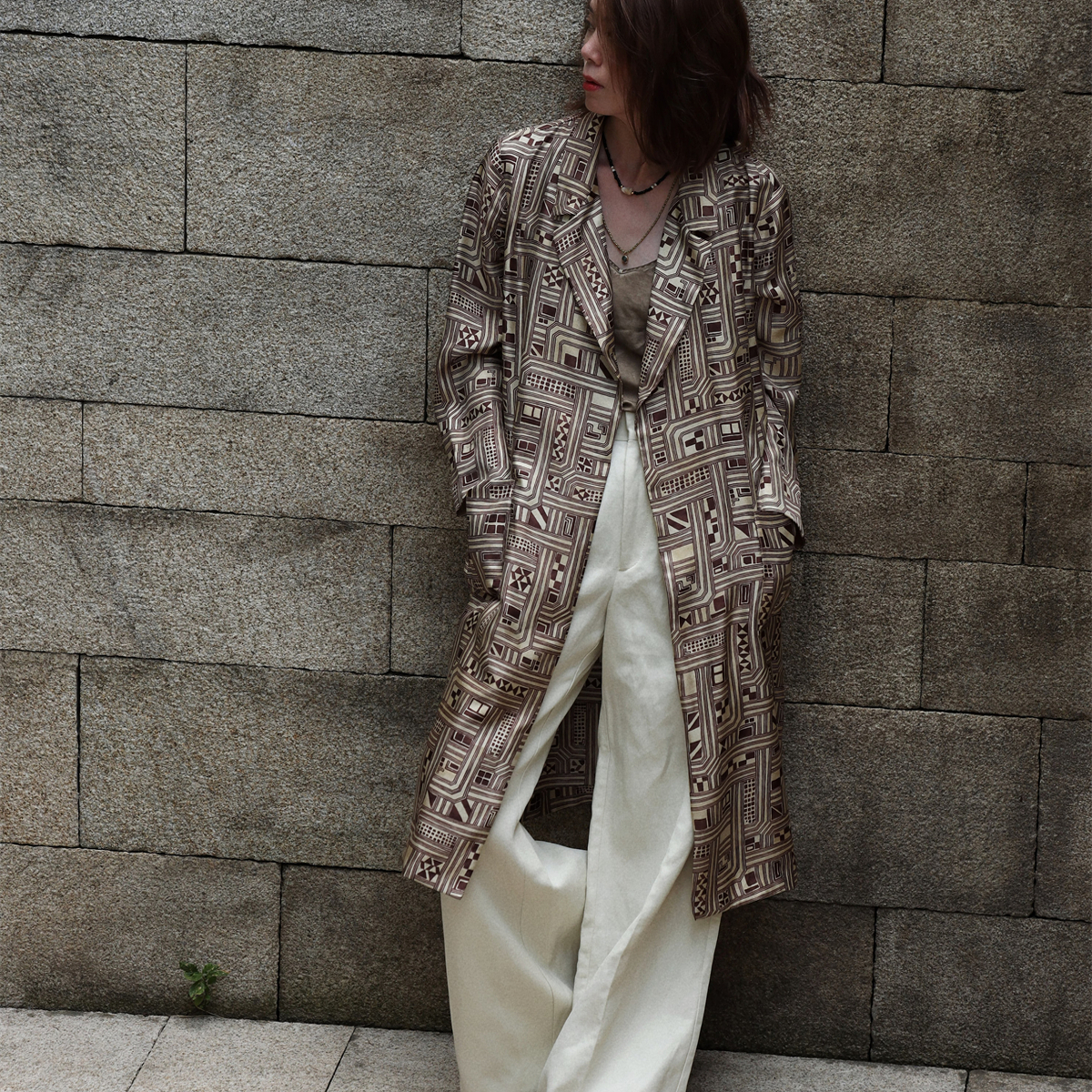 btbstudio 意大利小众贵牌中古印花丝绸系列 配腰带真丝风衣外套