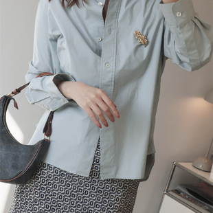 衬衣 三色入 轻文艺高密棉大粒珍贝扣立领扣眼设计长袖 btbstudio