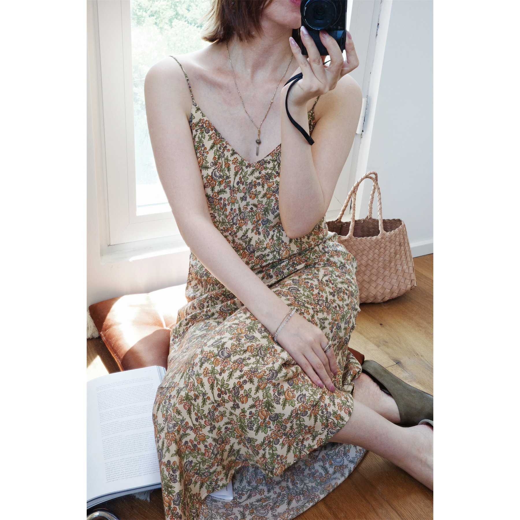 btbstudio 印度古布系列 法式枝叶小果实印花 氛围感吊带长连衣裙