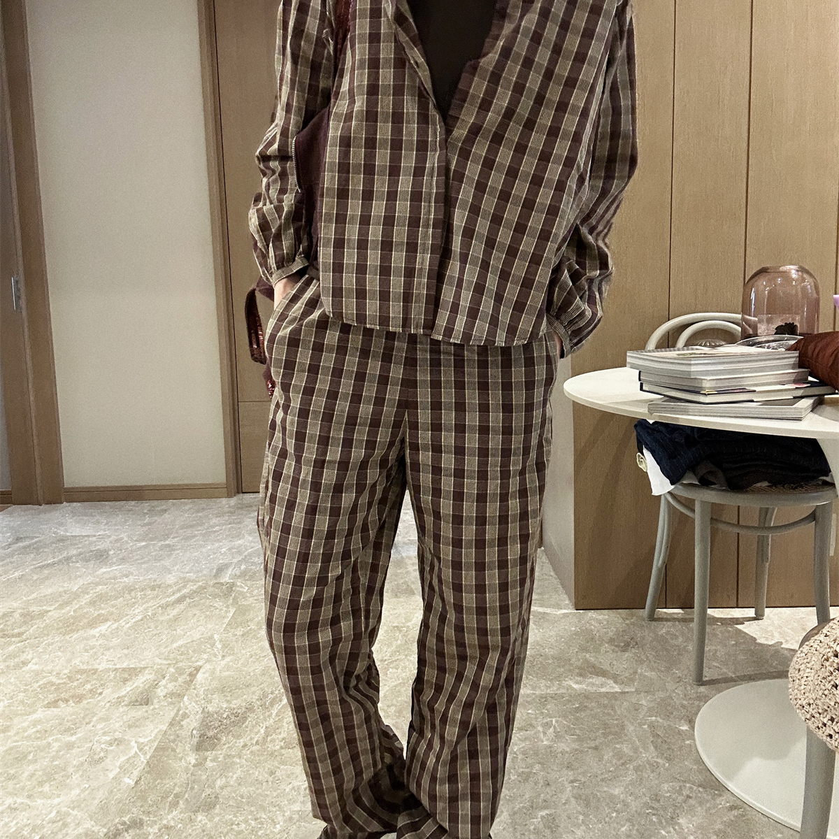 btbstudio 丹麦自然系有机棉色织格纹系列 立领衬衣松紧裤套装