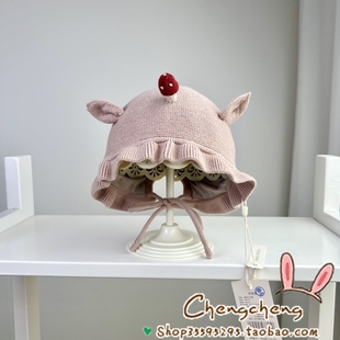 木然良品冬季新款女宝宝婴儿童可爱蘑菇木耳花边公主毛线套头帽子