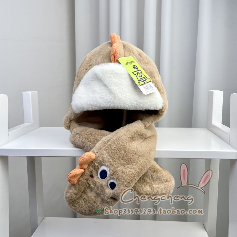 包邮快乐校园冬季新男女宝宝儿童毛绒立体小恐龙护耳围巾一体帽子