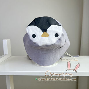 木然良品春夏新款男女宝宝婴儿童亚麻可爱企鹅文艺遮阳渔夫盆帽子