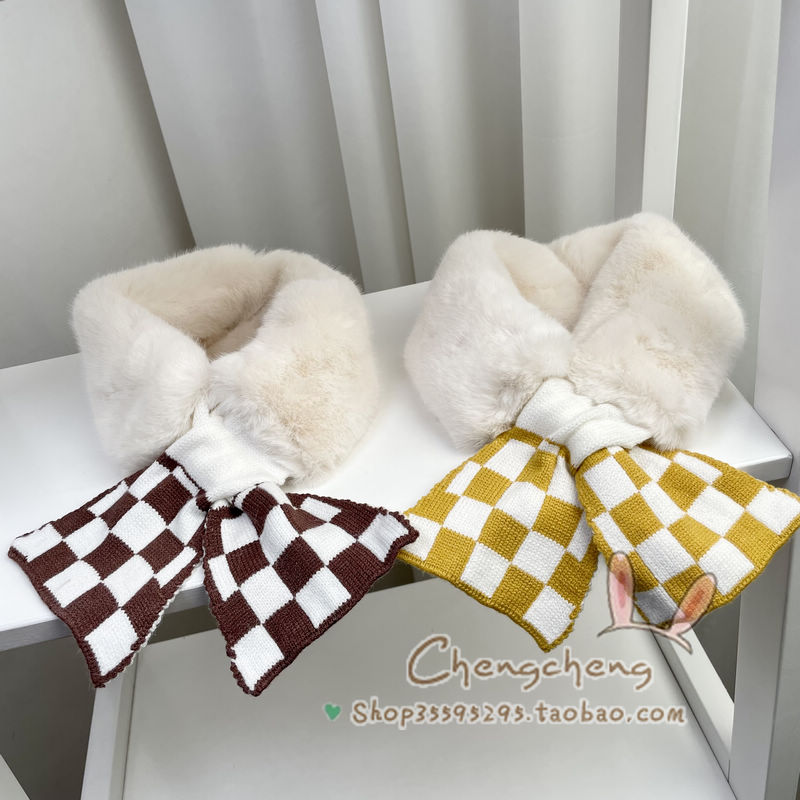 包邮冬季新男女宝宝婴儿童毛毛绒绒洋气格子百搭交叉保暖围巾围脖