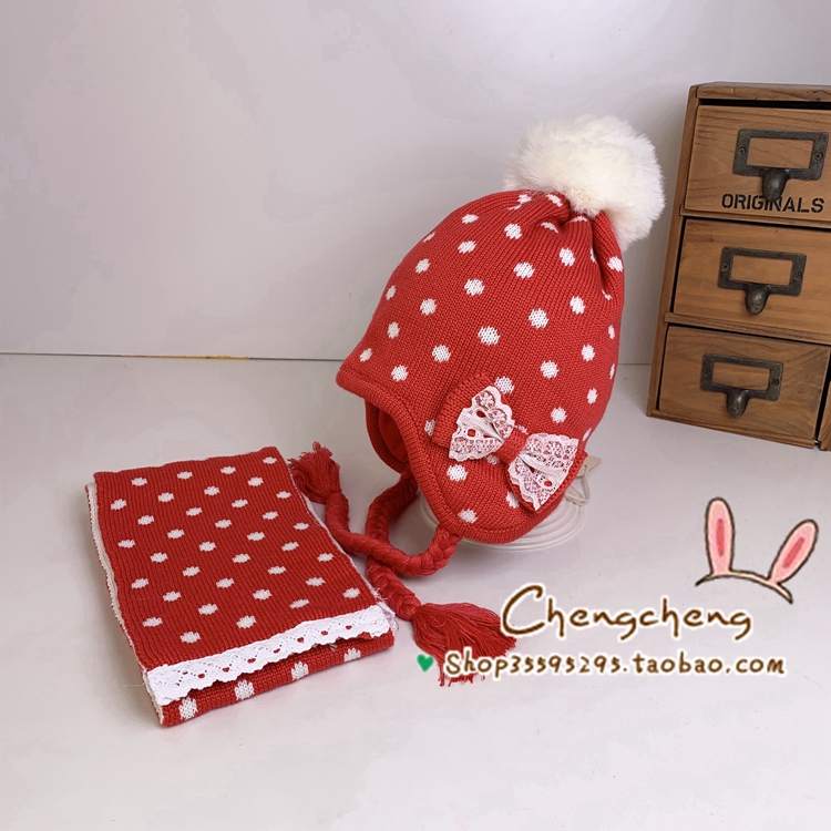 包邮爱的热浪冬季女宝宝婴儿童圆点蝴蝶结小辫子毛线帽子围巾套装