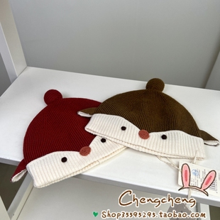 木然良品2025冬季新款男女宝宝婴儿童可爱企鹅翻边毛线套头帽子